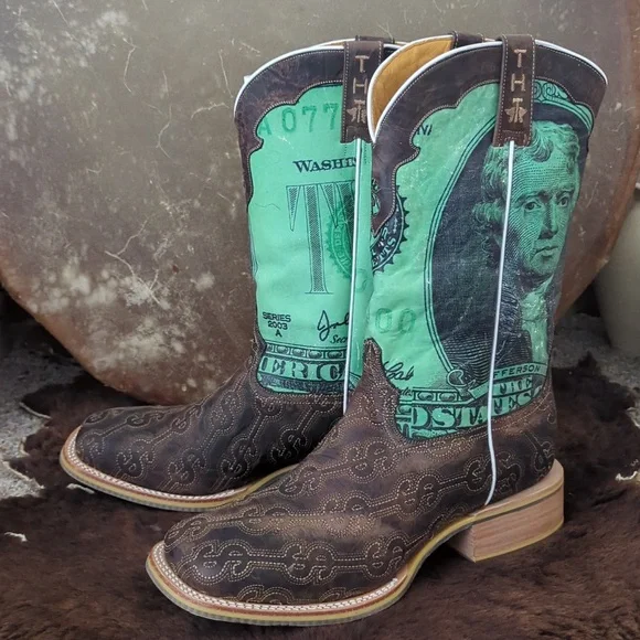 TIN HAUL men's DEUCE money themed square toe leather cowboy boot sz 13EE NWT